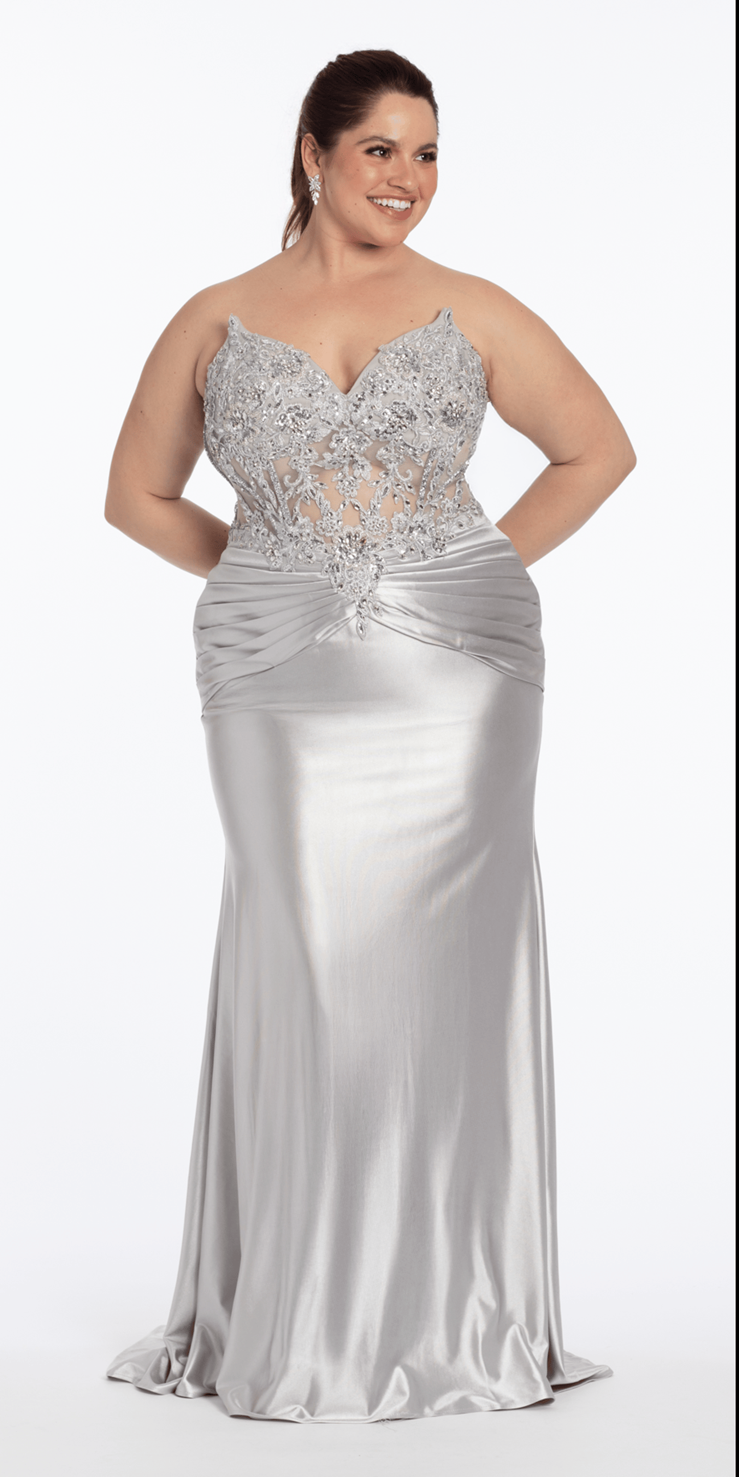 Camille La Vie Satin Strapless Sweetheart Embroidered Corset Column Dress plus / 14 / silver
