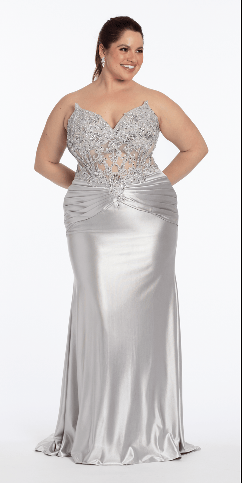 Camille La Vie Satin Strapless Sweetheart Embroidered Corset Column Dress plus / 14 / silver