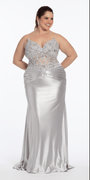 Camille La Vie Satin Strapless Sweetheart Embroidered Corset Column Dress plus / 14 / silver
