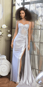 Sheer Embellished Satin Corset Trumpet Dress with High Slit Image 1