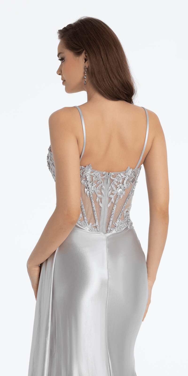 Sheer Embellished Satin Corset Trumpet Dress with High Slit Image 9