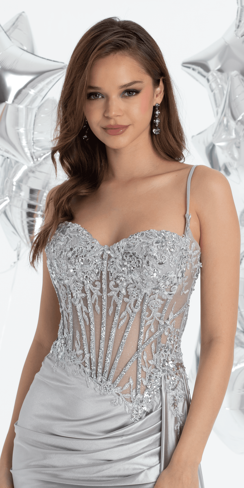 Sheer Embellished Satin Corset Trumpet Dress with High Slit Image 6
