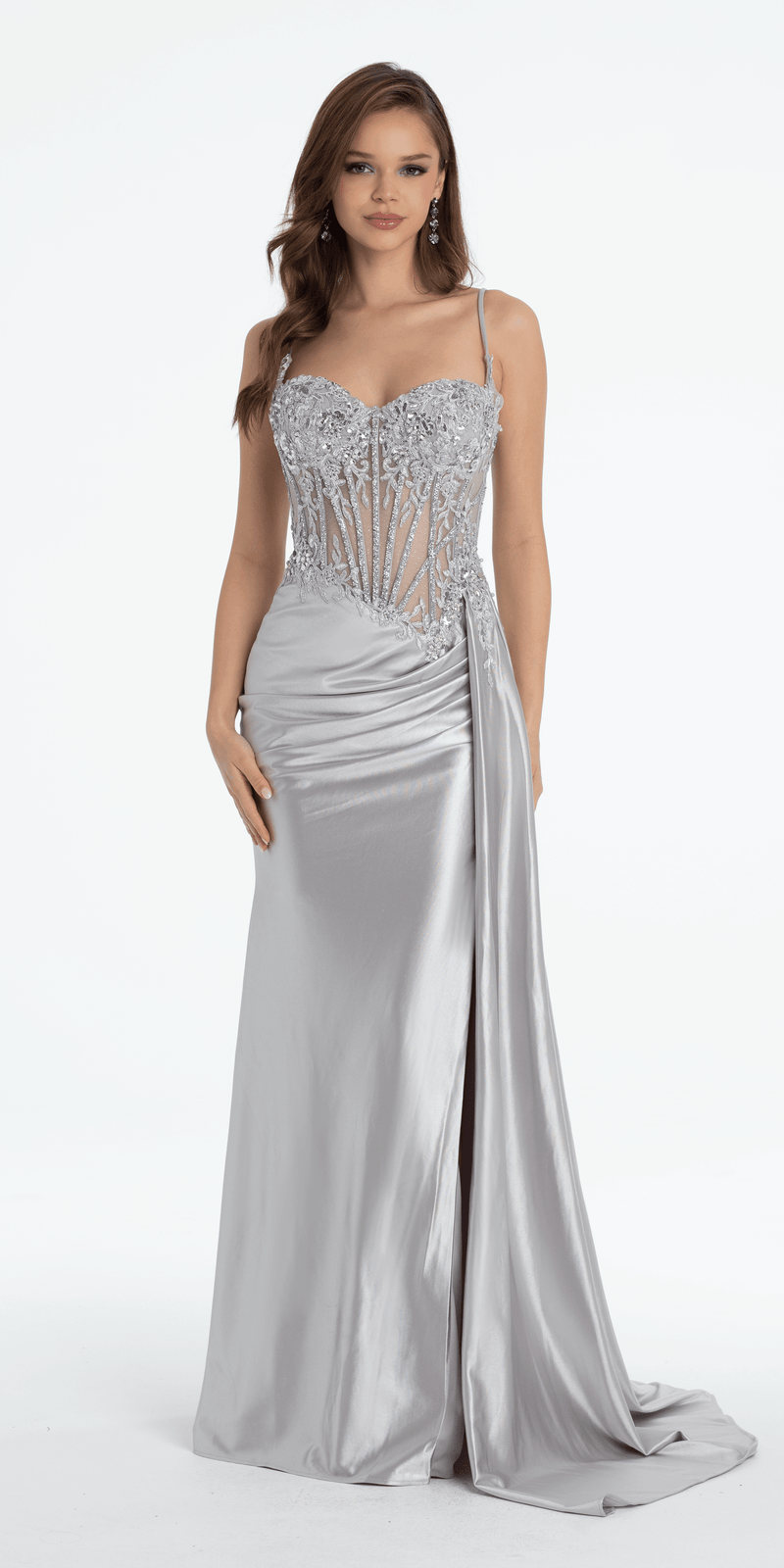 Sheer Embellished Satin Corset Trumpet Dress with High Slit Image 8