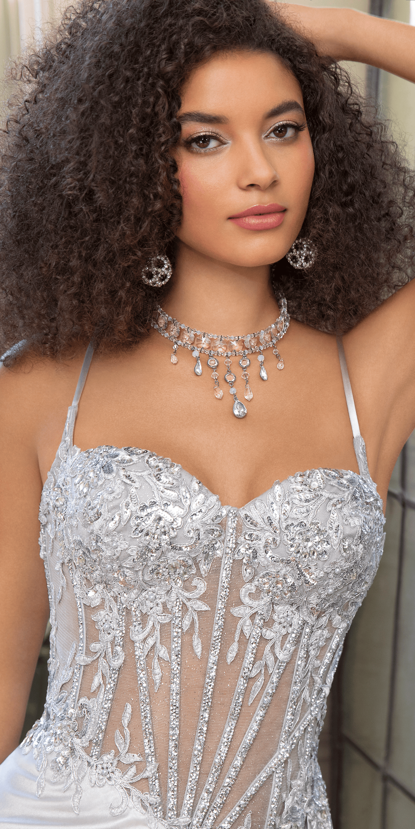 Camille La Vie Sheer Embellished Satin Corset Trumpet Dress with High Slit