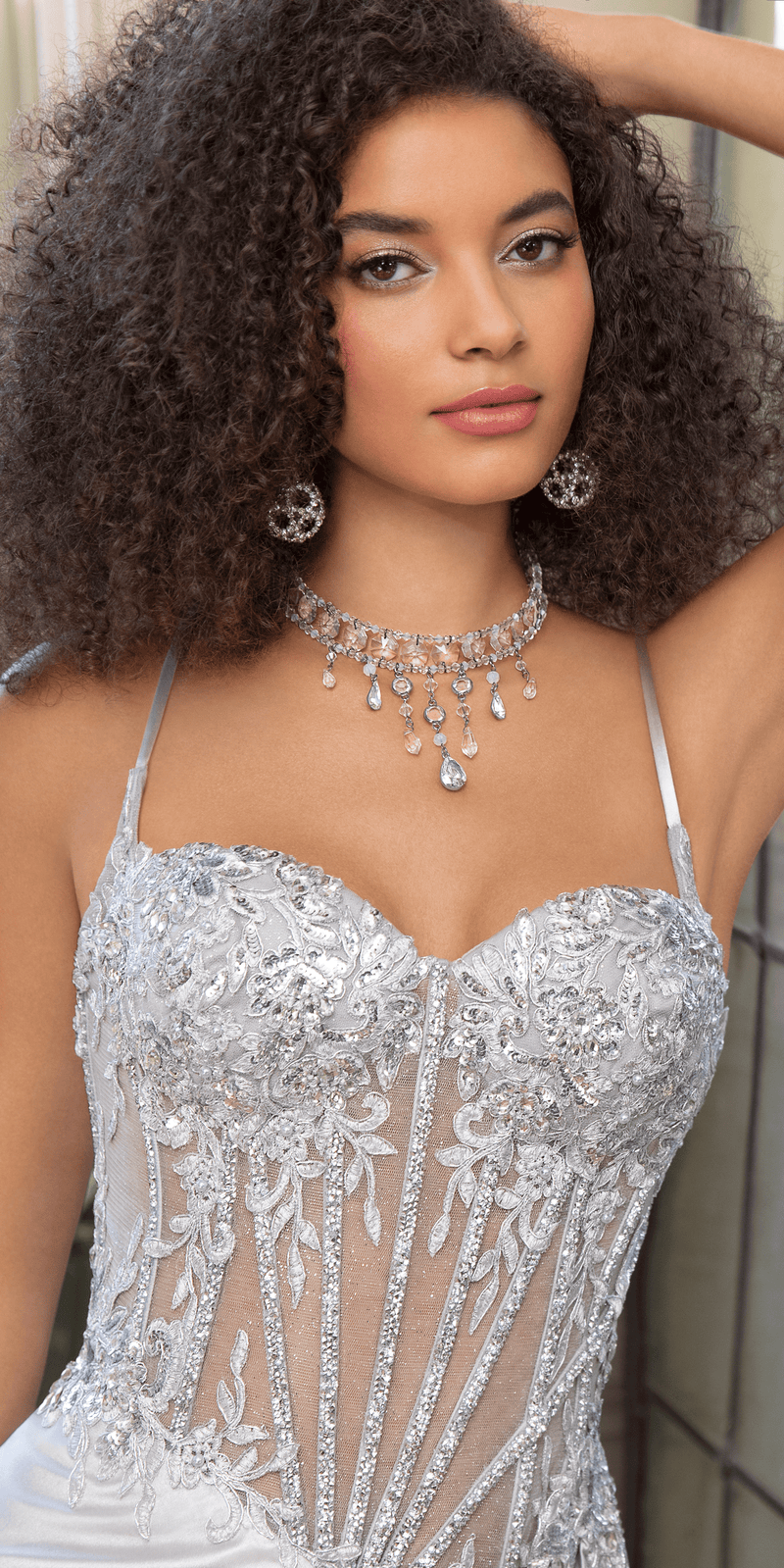 Sheer Embellished Satin Corset Trumpet Dress with High Slit Camille La Vie Sheer Embellished Satin Corset Trumpet Dress with High Slit Camille La Vie