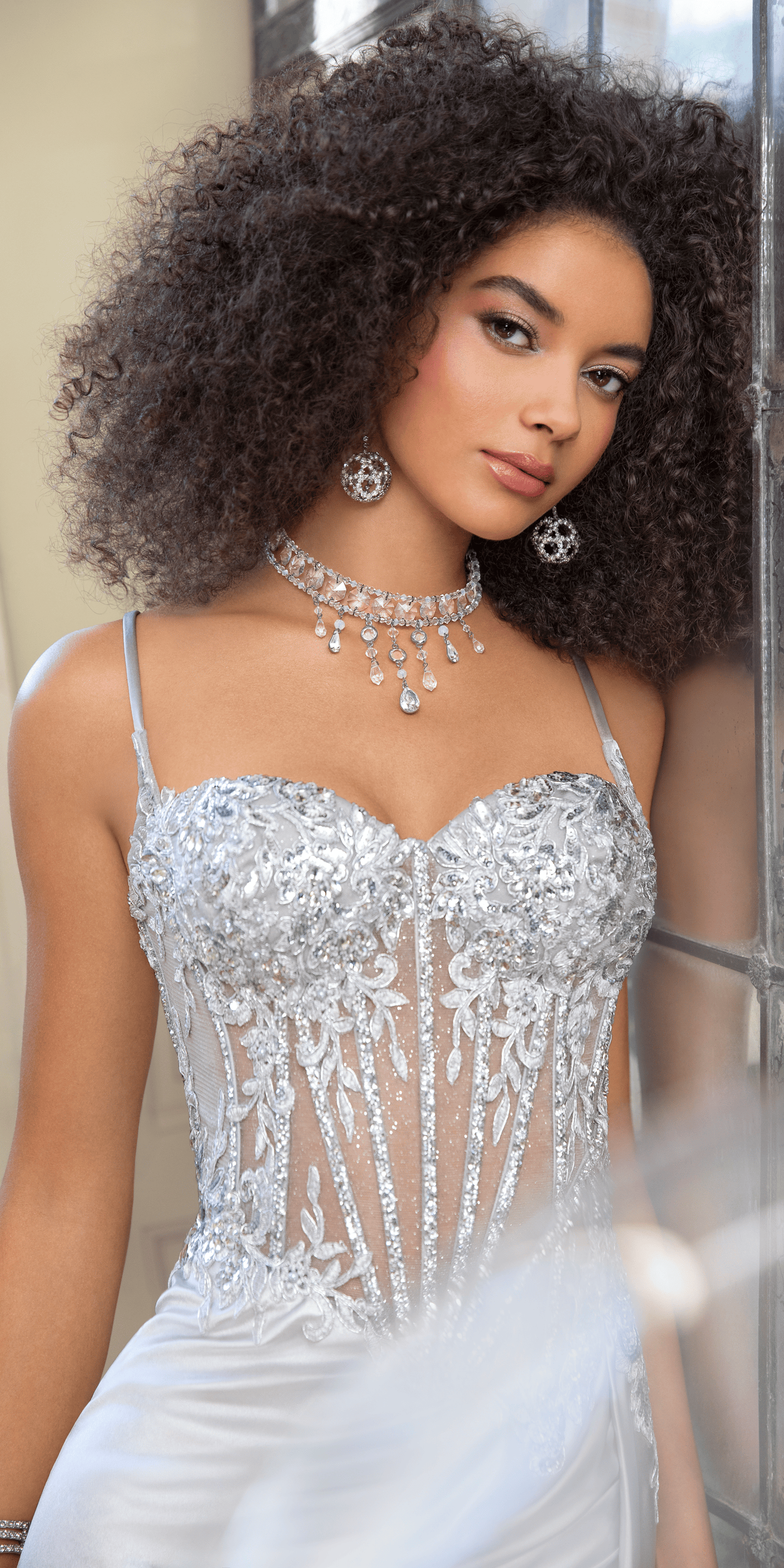 Camille La Vie Sheer Embellished Satin Corset Trumpet Dress with High Slit