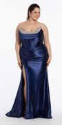 navy/size/14/plus/Camille La Vie/Pointed Rhinestone Satin Strapless Corset Column Dress /front alt 2