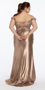 mocha/size/16/ plus/Camille La Vie /Off the Shoulder Sequin Satin Column Dress with Exaggerated Side Slit/back