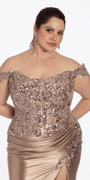 mocha/size/16/ plus/Camille La Vie /Off the Shoulder Sequin Satin Column Dress with Exaggerated Side Slit/close up