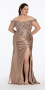 mocha/size/16/ plus/Camille La Vie /Off the Shoulder Sequin Satin Column Dress with Exaggerated Side Slit/front
