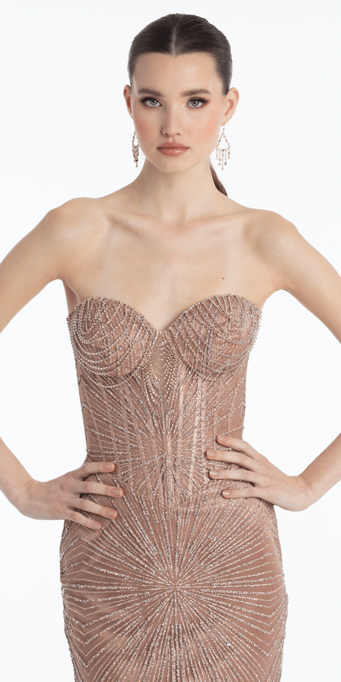 Sunburst Glitter Tulle Strapless Corset Trumpet Dress with Chain Detail –  Camille La Vie