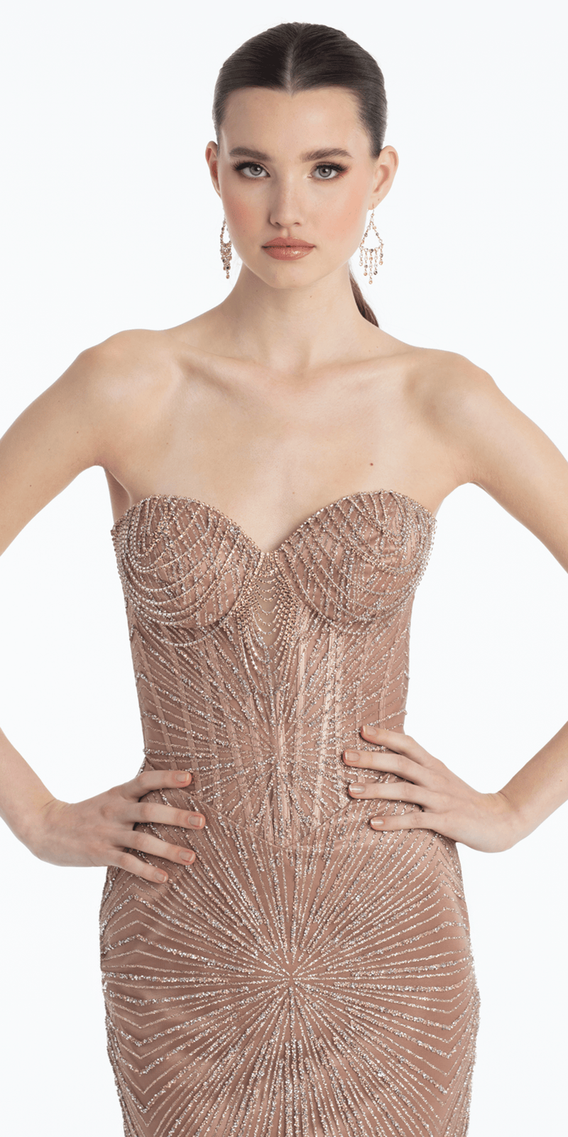 Sunburst Glitter Tulle Strapless Corset Trumpet Dress with Chain Detail missy / 12 / mocha Sunburst Glitter Tulle Strapless Corset Trumpet Dress with Chain Detail missy / 12 / mocha