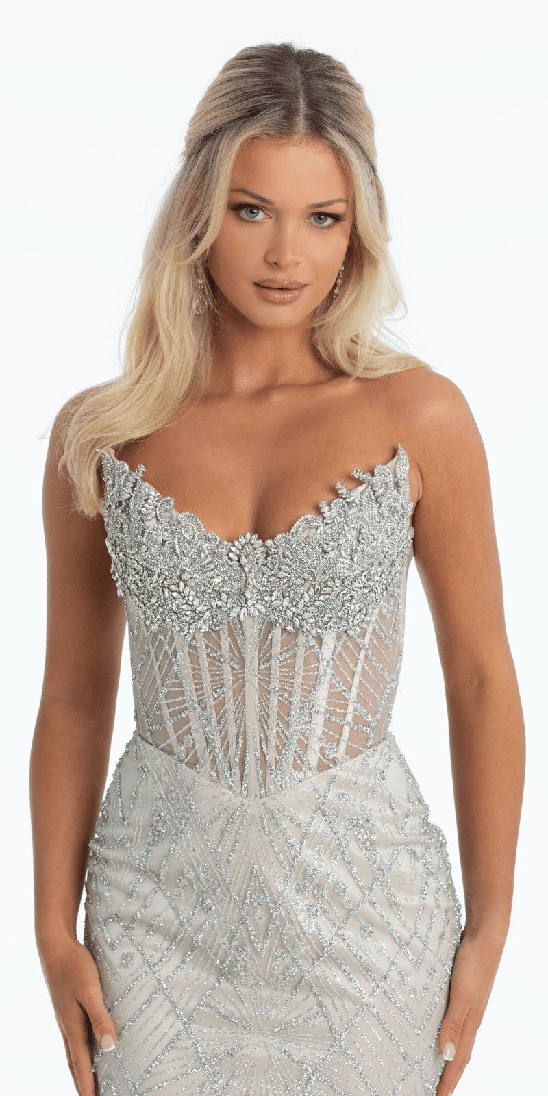 Camille La Vie Pointed Strapless Rhinestone Mesh Column Dress with Side Slit
