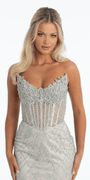 Camille La Vie Pointed Strapless Rhinestone Mesh Column Dress with Side Slit