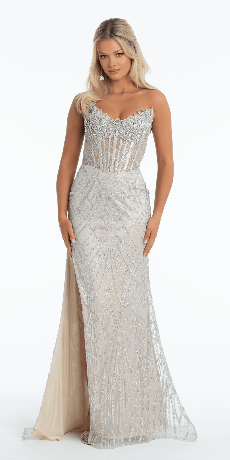Camille La Vie Pointed Strapless Rhinestone Mesh Column Dress with Side Slit missy / 0 / platinum