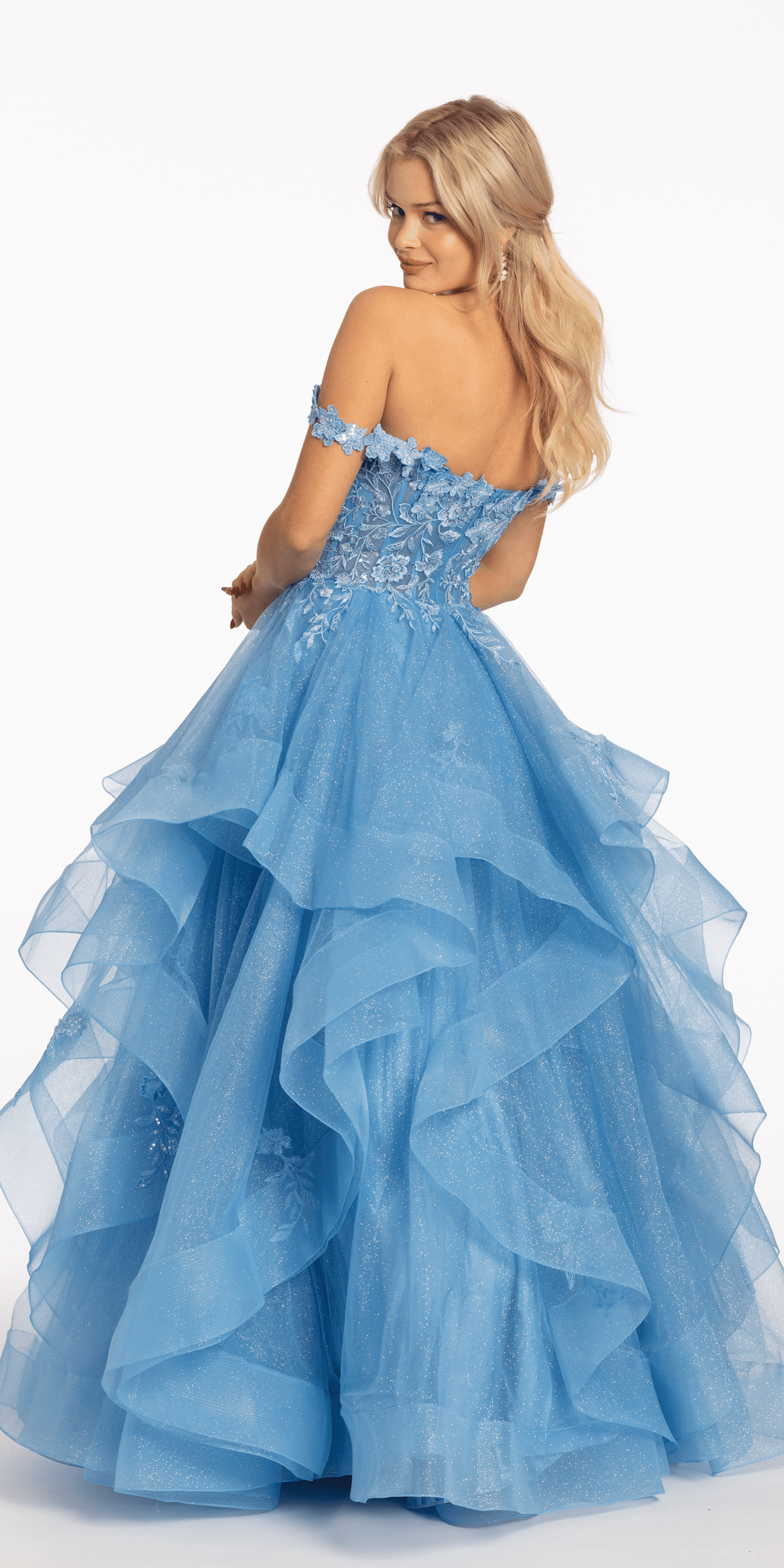 Camille La Vie/ Floral Embroidered Off the Shoulder Tulle Tiered Ballgown /missy/ size/ 0/baby blue/back