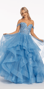 Floral Embroidered Off the Shoulder Tulle Tiered Ballgown Image 1