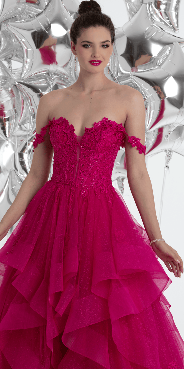 Floral Embroidered Off the Shoulder Tulle Tiered Ballgown