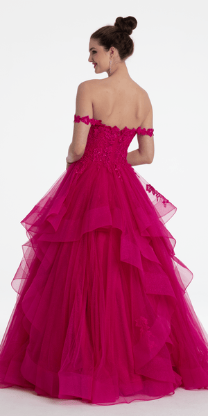 Floral Embroidered Off the Shoulder Tulle Tiered Ballgown Image 6