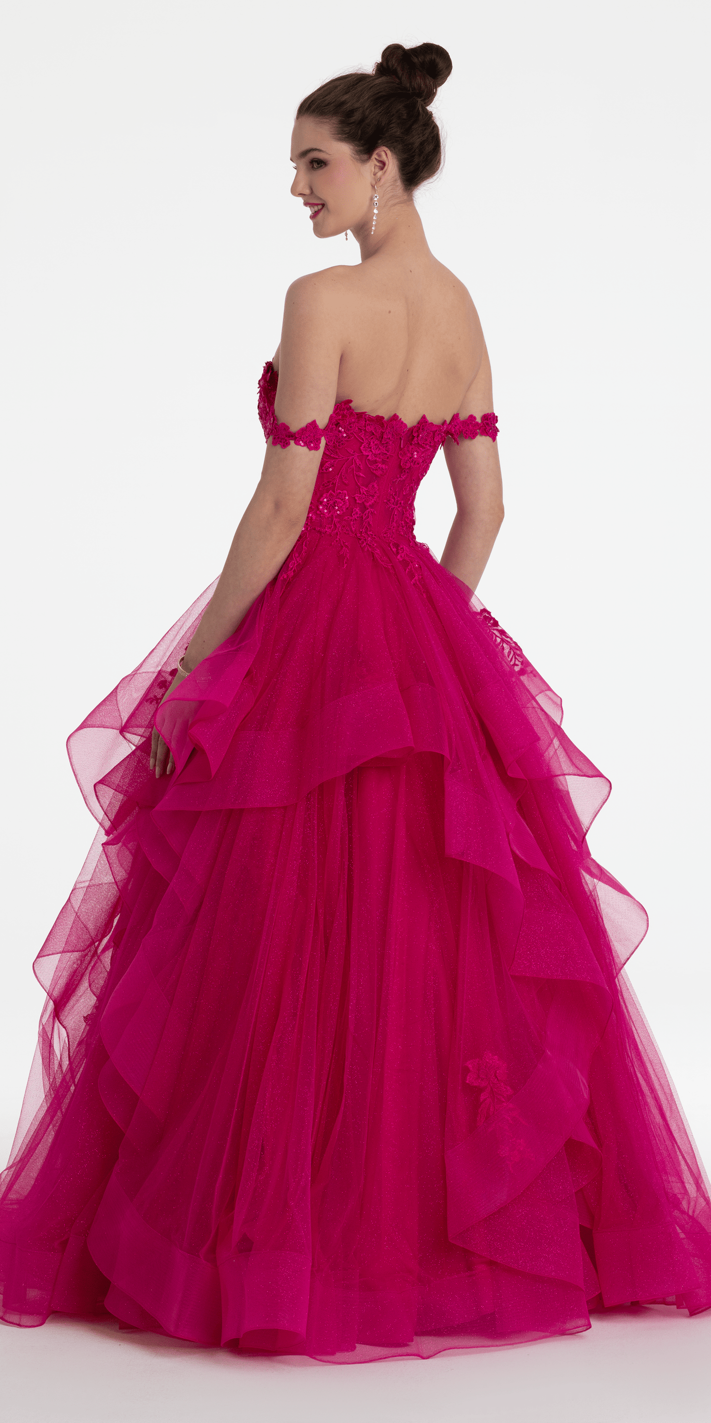 Camille La Vie Floral Embroidered Off the Shoulder Tulle Tiered Ballgown