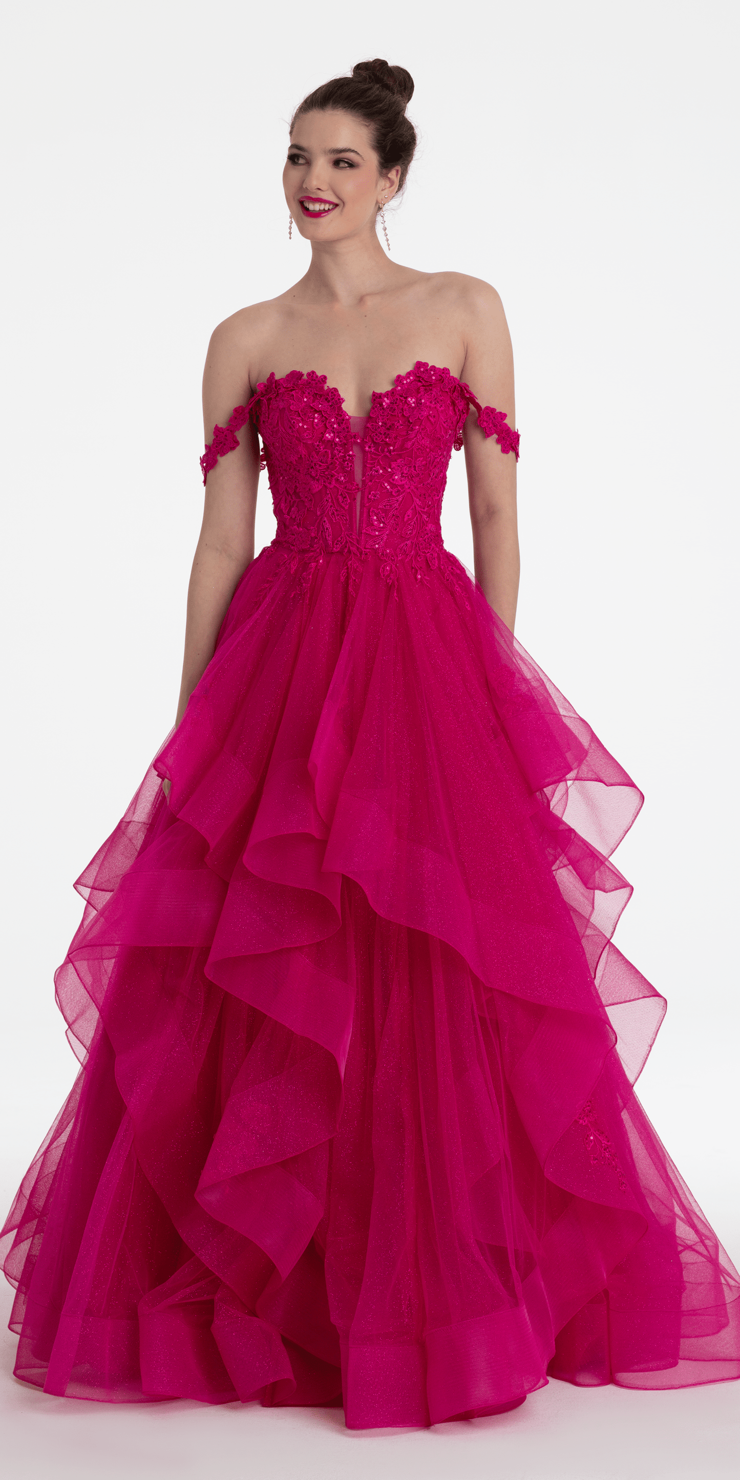 Camille La Vie Floral Embroidered Off The Shoulder Tulle Tiered Ballgown