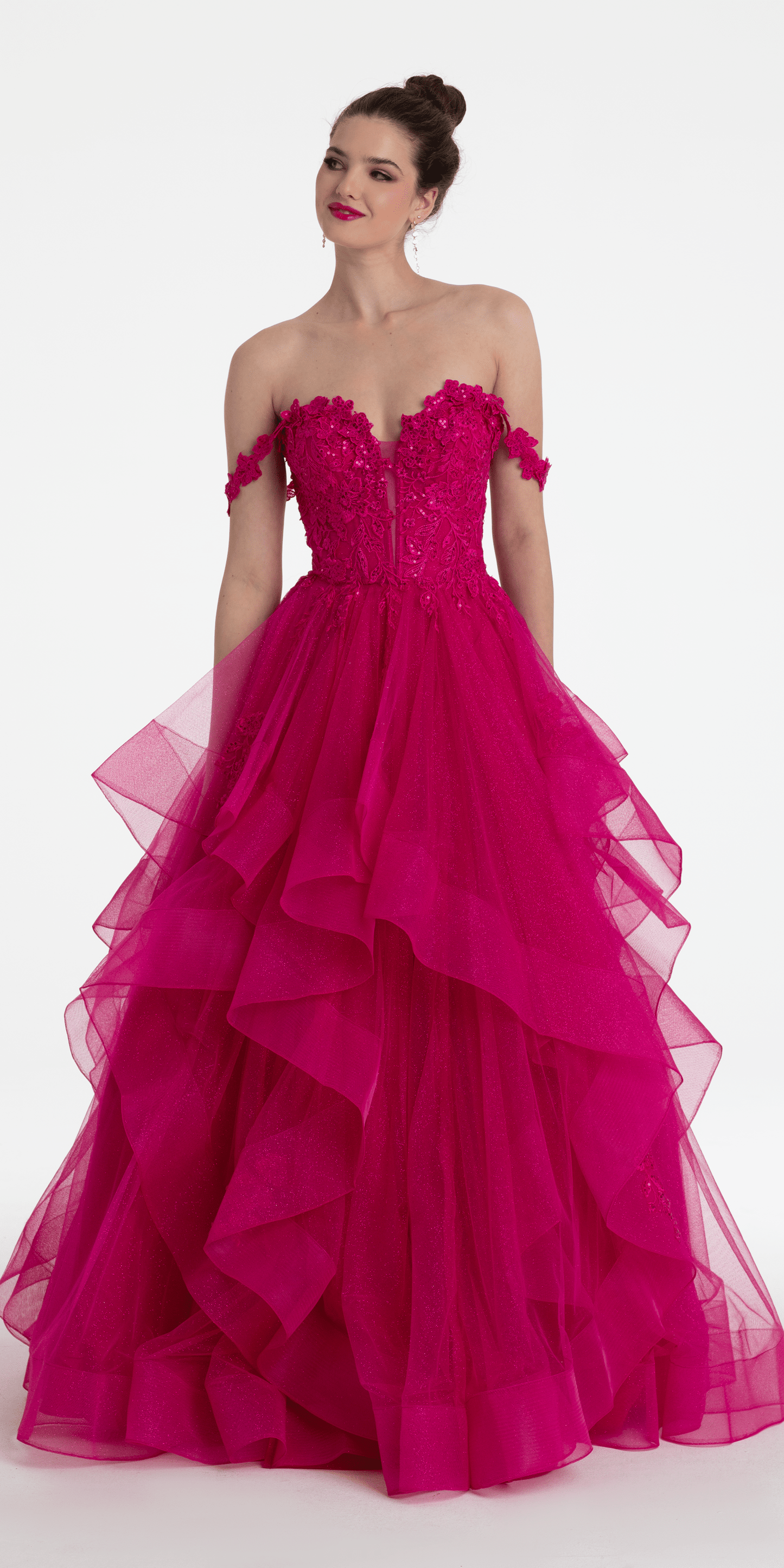 Camille La Vie Floral Embroidered Off the Shoulder Tulle Tiered Ballgown missy / 0 / bright-pink