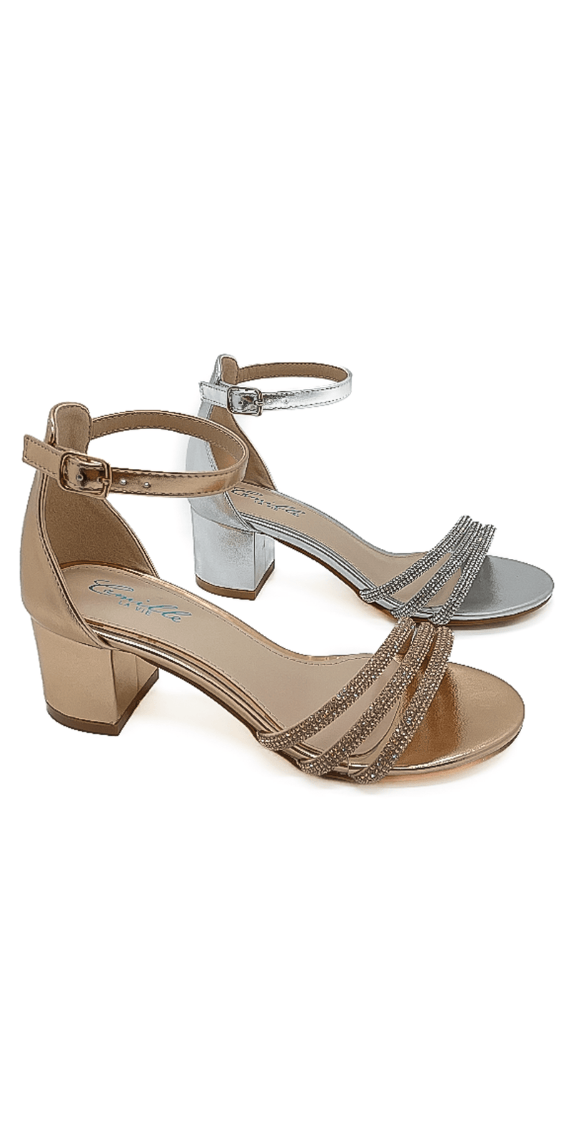 Scooter Metallic Low Block Heel Rhinestone Sandal – Camille