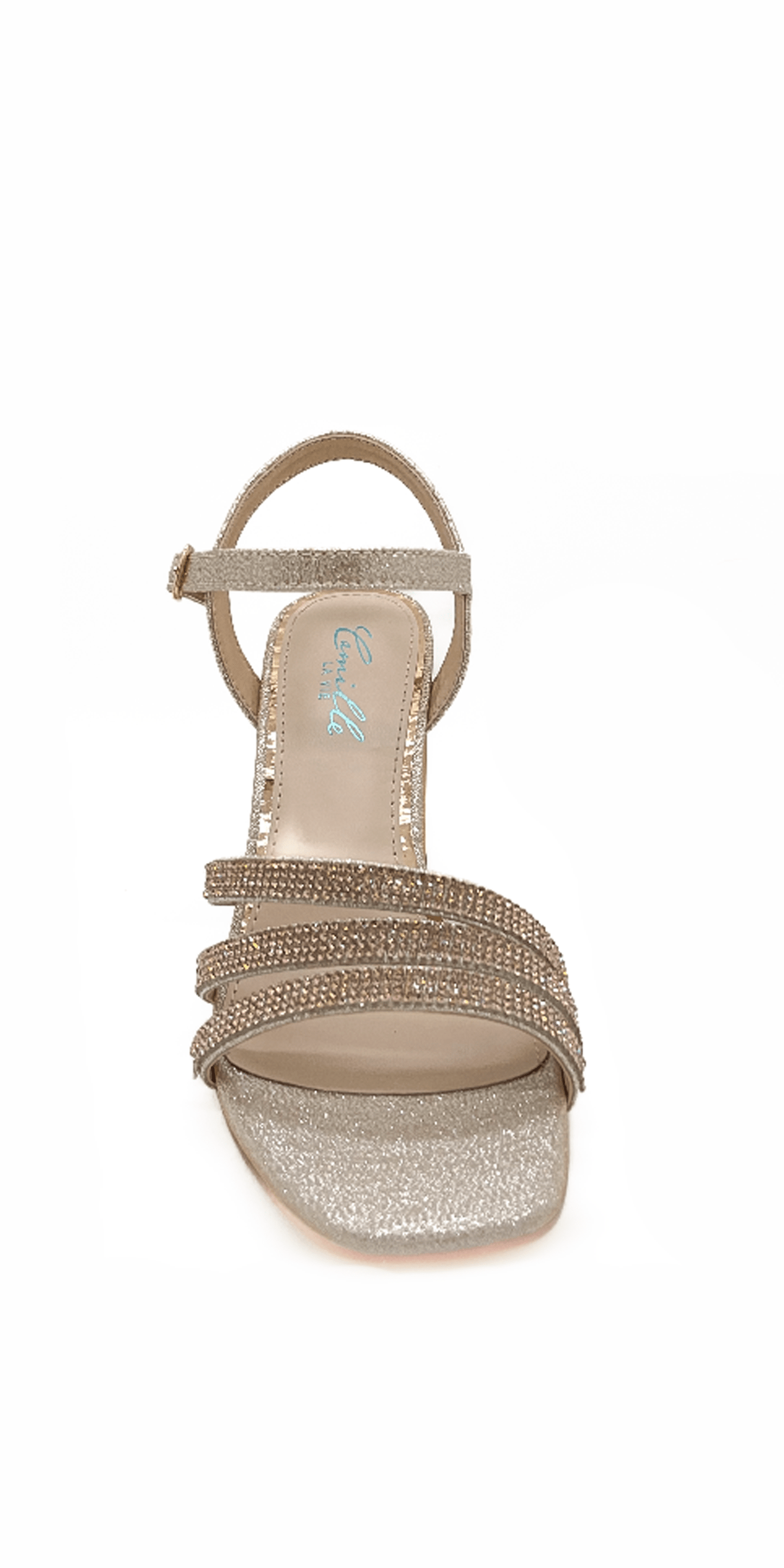 Champagne/ Size 7/Camille La Vie/ Glitter Double Strap Rhinestone Block Heel Sandal/Front