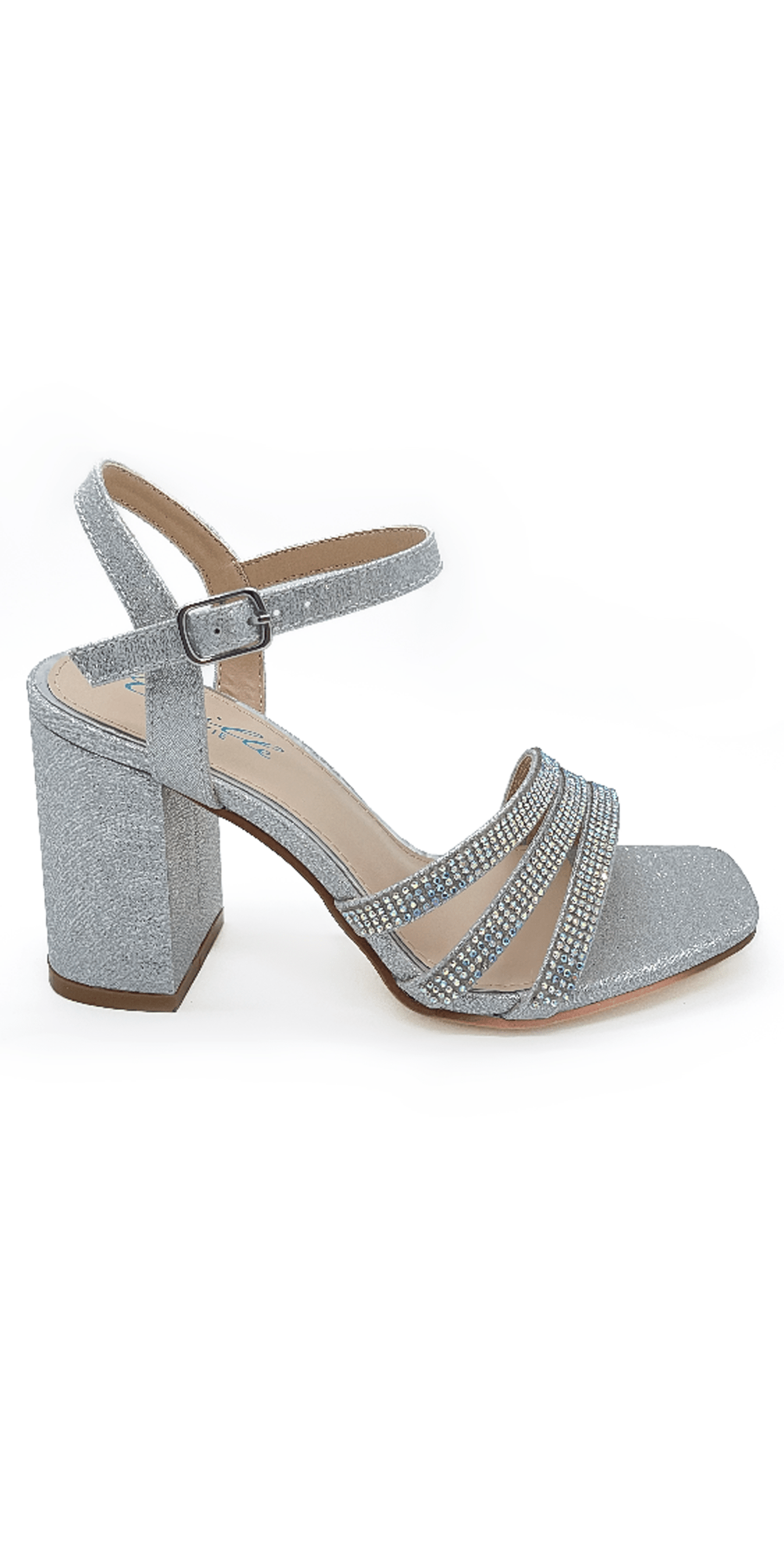 Silver/ Size 7/Camille La Vie/ Glitter Double Strap Rhinestone Block Heel Sandal/Right