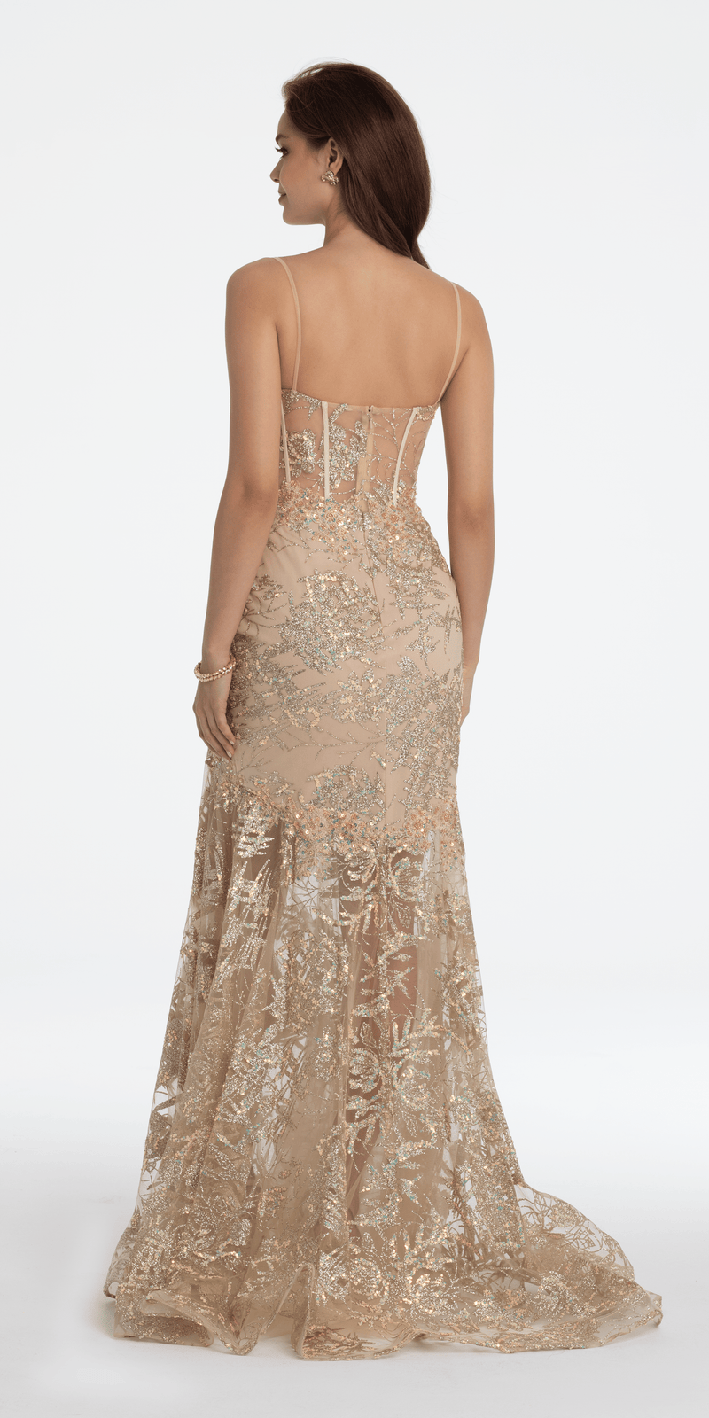 Illusion Plunge Corset Beaded Trumpet Dress Image 8