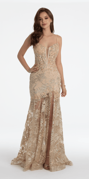 Illusion Plunge Corset Beaded Trumpet Dress Image 2