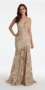 Illusion Plunge Corset Beaded Trumpet Dress Image 2