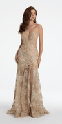 Illusion Plunge Corset Beaded Trumpet Dress Image 3