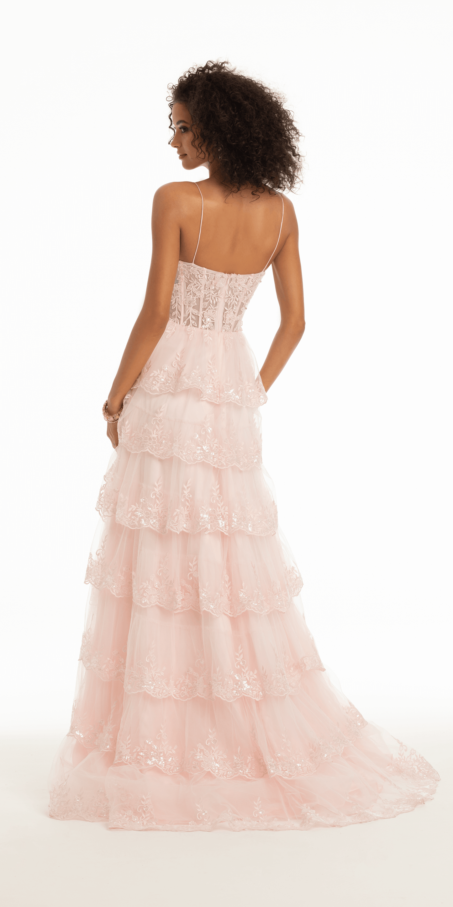 Camille La Vie Embroidered Plunging Tulle Scallop Tiered Ballgown with Side Slit