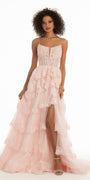 Embroidered Plunging Tulle Scallop Tiered Ballgown with Side Slit Image 1