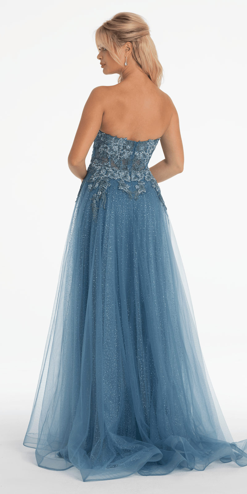 Strapless Glitter Embroidered Sweetheart Puff Sleeve Ballgown missy / 2 / denim-blue Strapless Glitter Embroidered Sweetheart Puff Sleeve Ballgown missy / 2 / denim-blue
