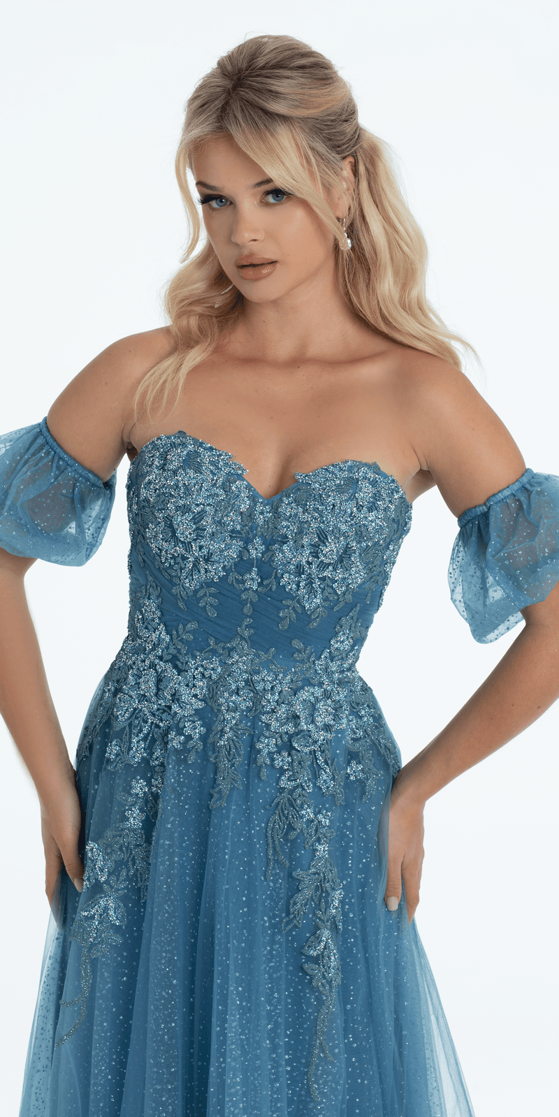 Strapless Glitter Embroidered Sweetheart Puff Sleeve Ballgown missy / 2 / denim-blue Strapless Glitter Embroidered Sweetheart Puff Sleeve Ballgown missy / 2 / denim-blue