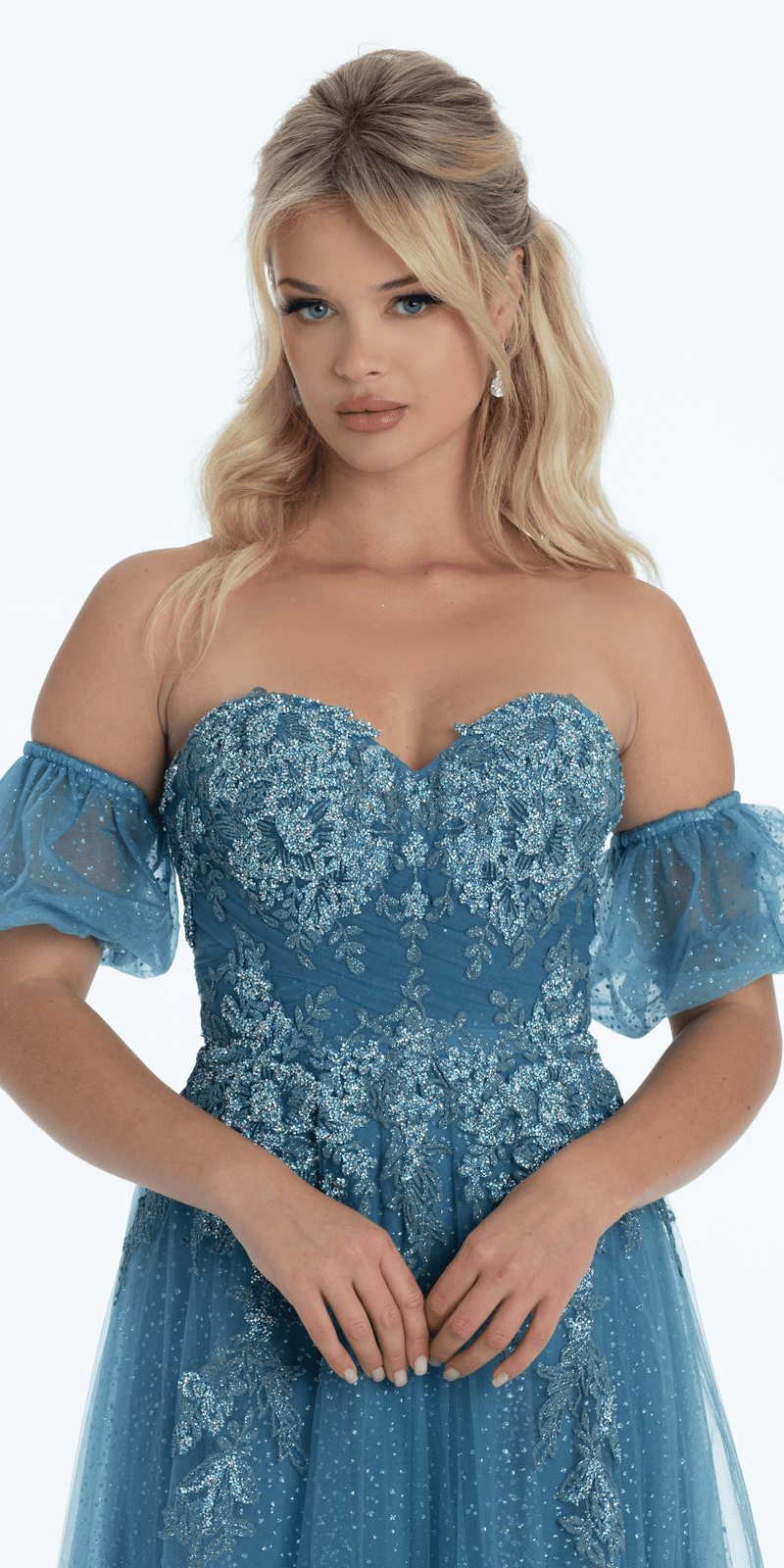 Strapless Glitter Embroidered Sweetheart Puff Sleeve Ballgown Image 3