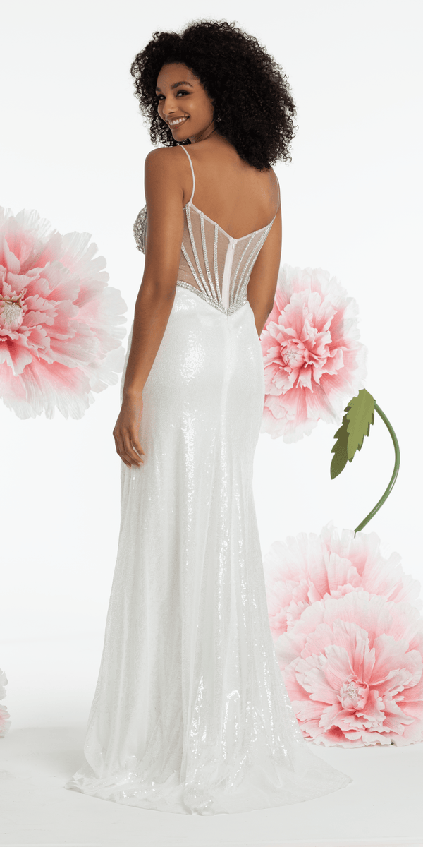 white-silver/size/4/missy/Camille La Vie/Rhinestone Sweetheart Corset Sequin Column Dress with Shawl /back