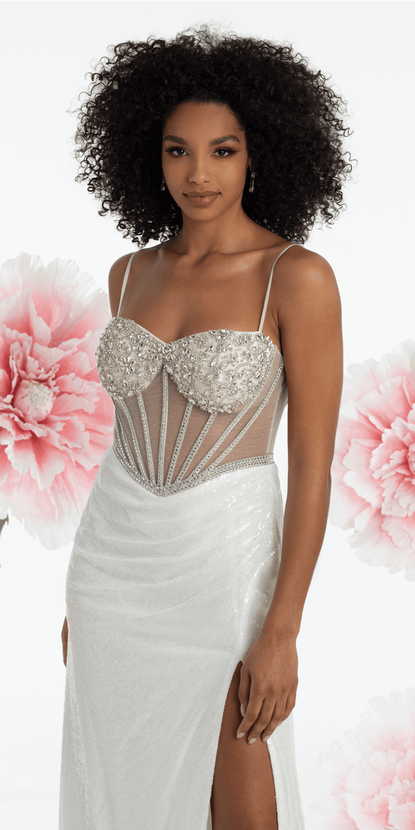 white-silver/size/4/missy/Camille La Vie/Rhinestone Sweetheart Corset Sequin Column Dress with Shawl /close up
