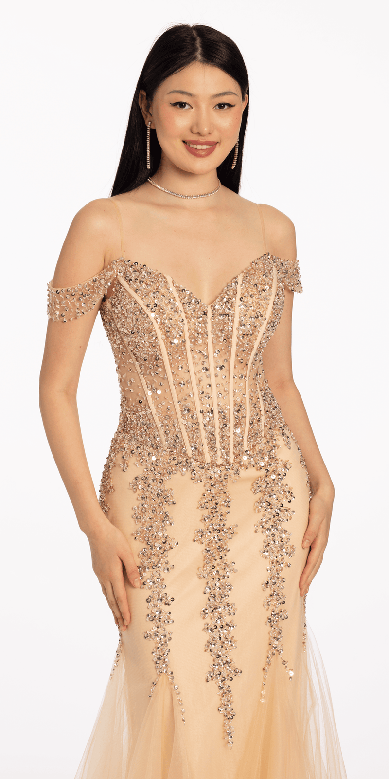 Illusion Corset Off the Shoulder Godet Dress missy / 2 / light-gold Illusion Corset Off the Shoulder Godet Dress missy / 2 / light-gold