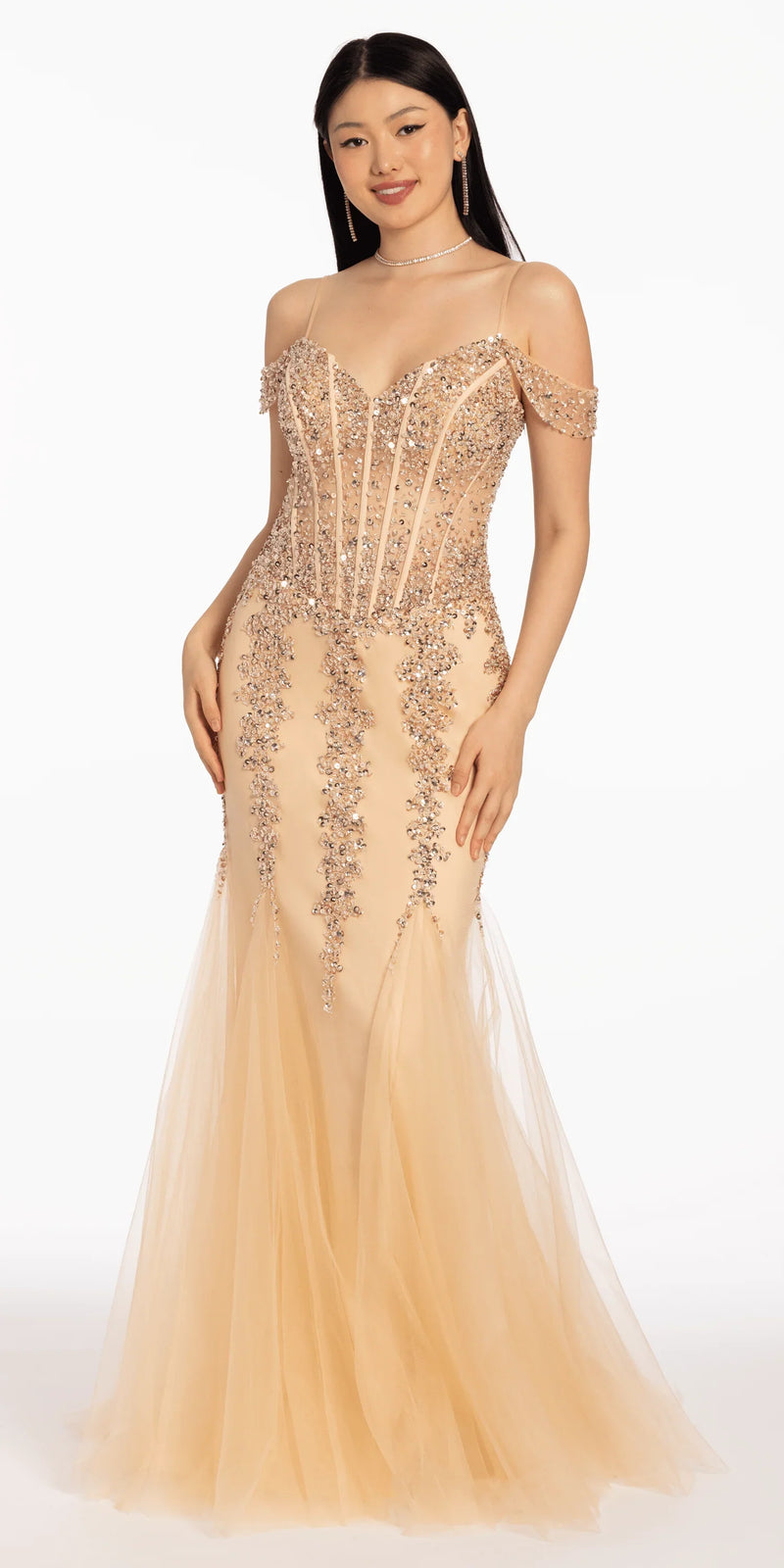 Illusion Corset Off the Shoulder Godet Dress missy / 2 / light-gold