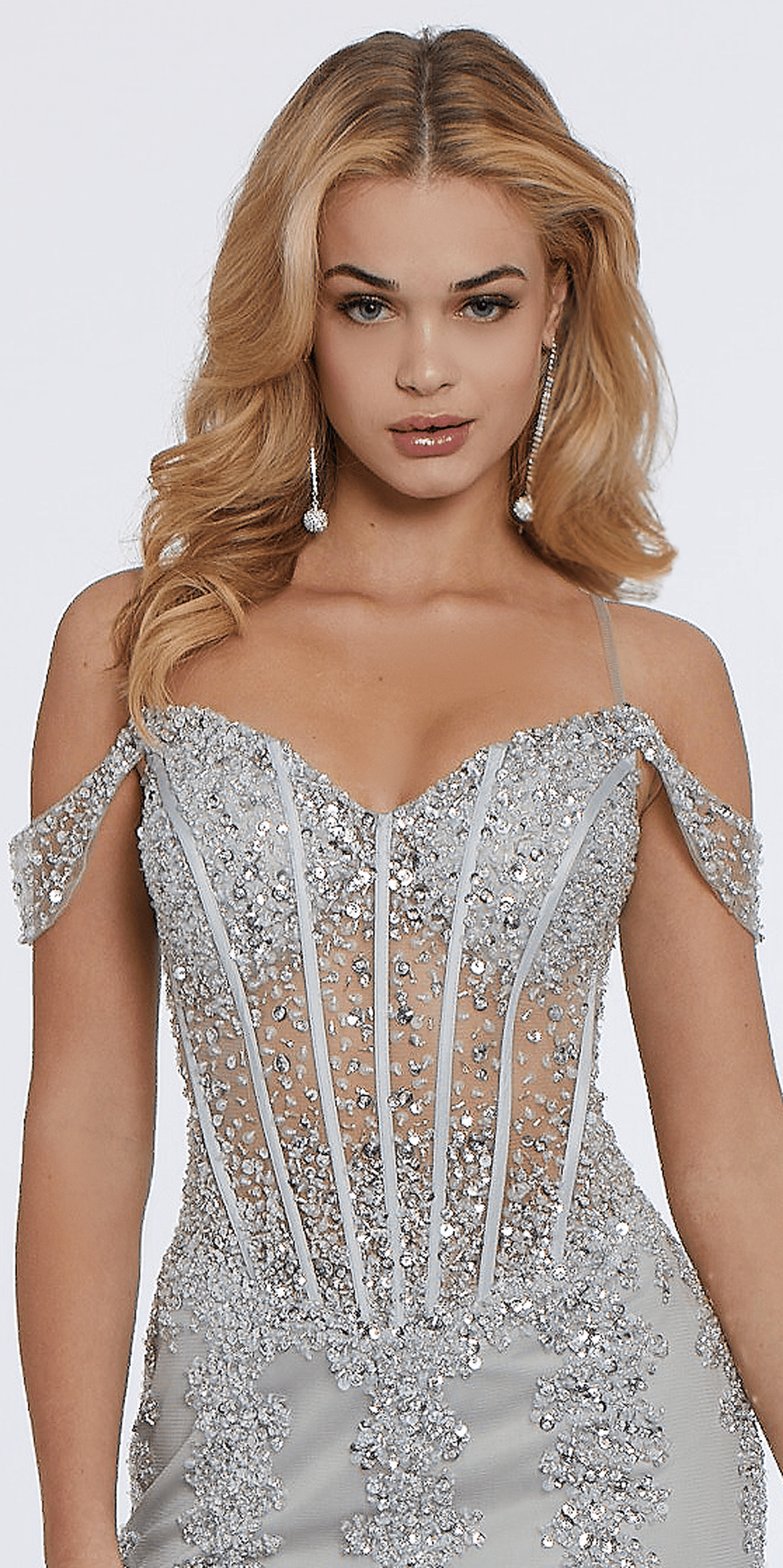 Camille La Vie Illusion Corset Off the Shoulder Godet Dress