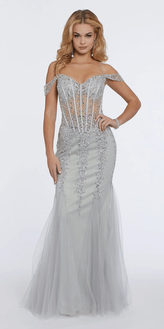 camille la vie illusion halter dress Illusion Corset Off the Shoulder Godet Dress missy / 2 / light-gold