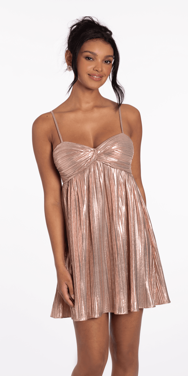 Shimmer Foil Pinstripe Twisted Sweetheart Babydoll Dress missy / 4 / rose-gold Shimmer Foil Pinstripe Twisted Sweetheart Babydoll Dress missy / 4 / rose-gold