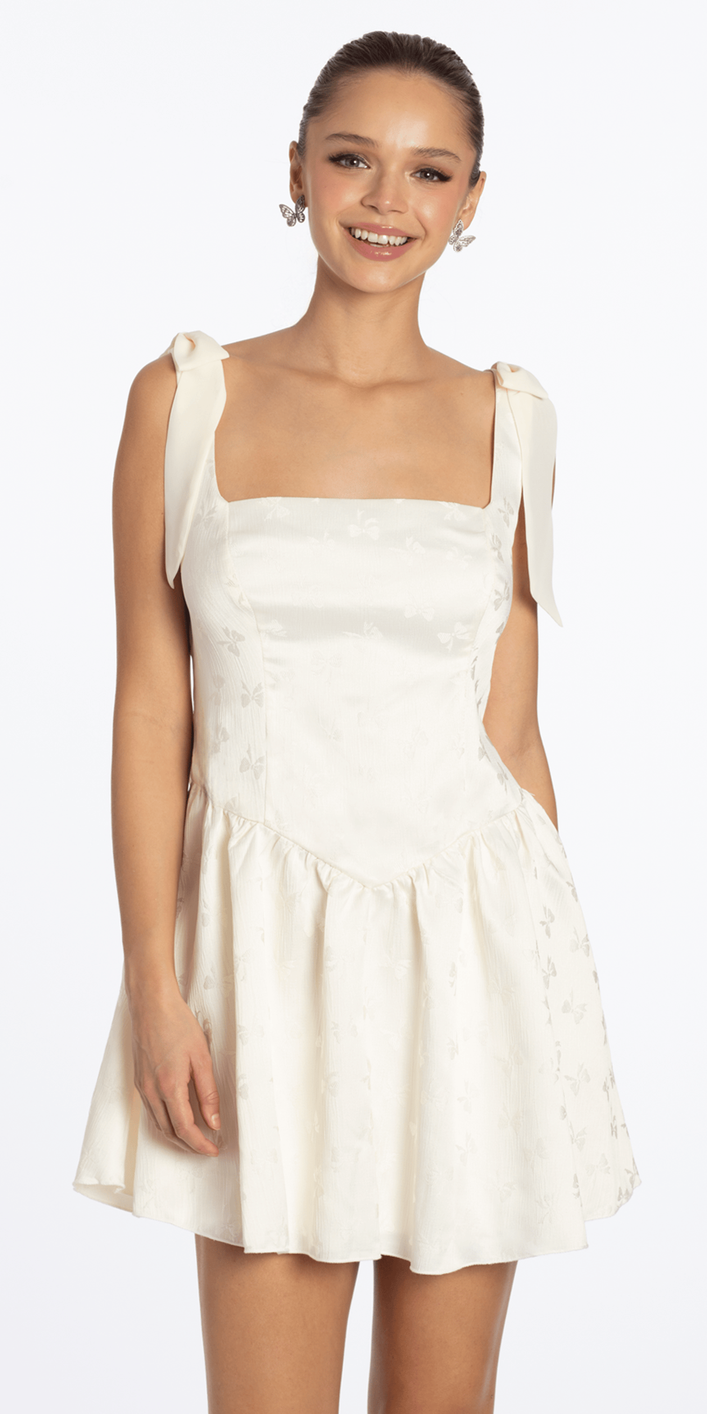 cream/size/s/missy/Camille La Vie/Basque Waist Jacquard Tie Shoulder Dress/front