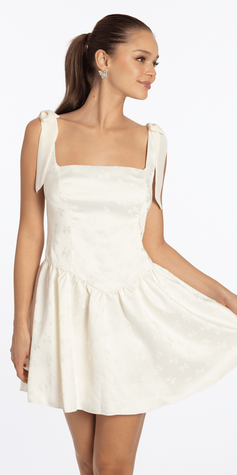 basque waist cocktail dress Basque Waist Jacquard Tie Shoulder Dress junior / XS / cream