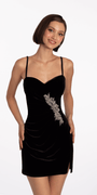 Sweetheart Velvet Bodycon Dress with Rhinestone Applique - Camille La Vie