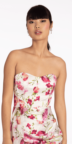Satin Floral Ruched Dress with Chiffon Side Drape Image 2