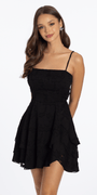 black/size/s/missy/Camille La Vie/Chiffon Burnout Skater Dress with Asymmetrical Tiered Skirt /fron 2